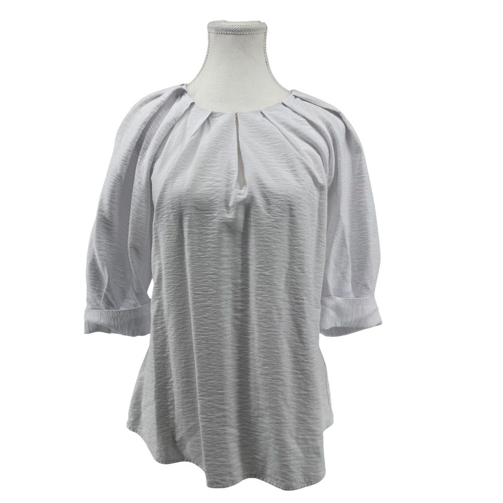 Soft Surroundings White Textured Pleated Neck Puff 3/4 Sleeve Blouse Women Small